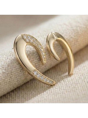 Zeino Zirkon Taşlı Hilal Küpe - 14K Altın Rengi Kaplama, 1,7 cm ve 2,1 cm