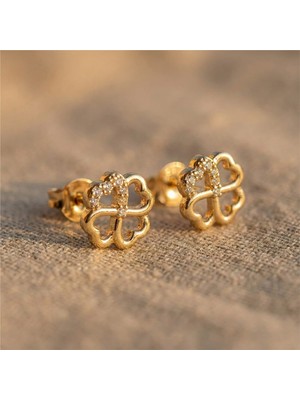 Zeino Dört Yaprak Yonca Taş Detaylı Çelik Küpe - 14K Altın Rengi Kaplama, 9 mm