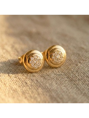 Zeino Zirkon Taşlı Yuvarlak Küpe - 14K Altın Rengi Kaplama, 1 cm Çap