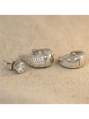Zeino Damla Halka Tek Taşlı Küpe Zirkon Taşlı 3'lü Küpe Seti - Gümüş Rengi Kaplama
