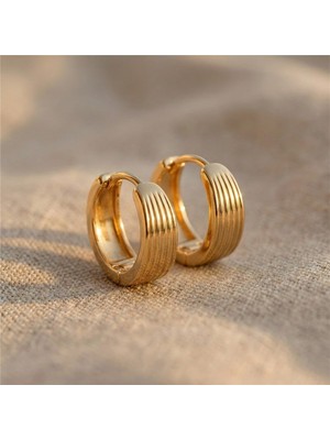 Zeino Çizgili Halka Çelik Küpe - 14K Altın Kaplama - 1 cm çap