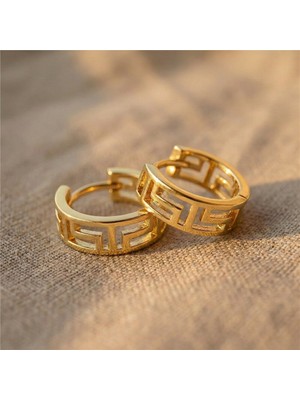 Zeino Labirent Desenli Halka Çelik Küpe - 14K Altın Rengi Kaplama, 1 cm Çap