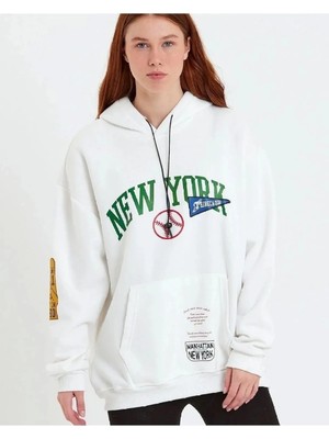 Giyim Center Kadın Baskılı Kapüşonlu Sweatshirt - Beyaz