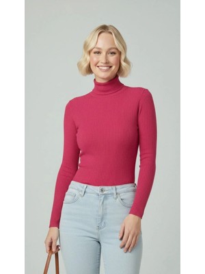 Giyim Center Kadın Tam Boğazlı Fitilli Likrali Kaşkorse Badi Ince Uzun Kollu Kazak - Pembe