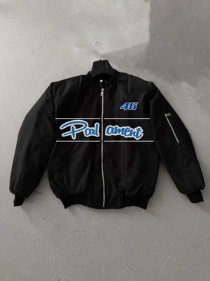 Giyim Center Kadın Siyah Bomber Mont - Parliament Yazılı, Fermuarlı Cepli, Kapitone Astarlı Oversize Günlük Mont - Siyah