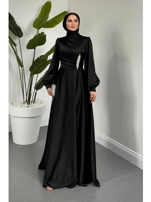 Merven Akyüz Florentine Taşlı Saten Abiye Siyah