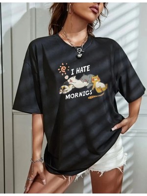 Giyim Center Kadın Bisiklet Yaka Baskılı Oversize T-Shirt - Siyah