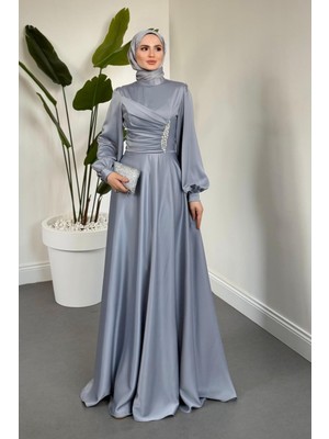 Merven Akyüz Florentine Taşlı Saten Abiye Gri