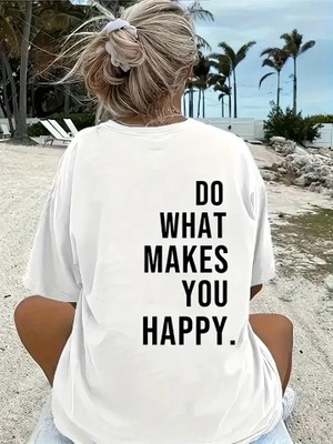 Giyim Center Do What Makes You Happy Unisex Linemen Oversize Baskılı T-Shirt - Beyaz