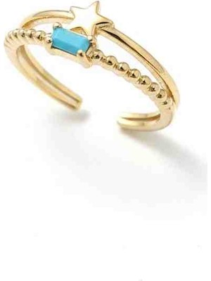 Stainles Steel 316L Paslanmaz Çelik Gold Turkuaz Baget Taşlı Yıldız Yüzük - Kararmaz