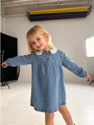 İnebolu Kids Kız Çocuk Dantelli Yaka Denim Kot Mavi Elbise