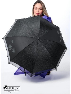 Şemsiye Kadın Siyah Kar Tanesi Taş Işlemeli Mavi Renkli Güzel Tasarım