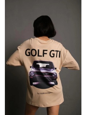 Giyim Center Kadın Oversize Baskılı Tişört - Golf Gtı Retro Araba Desenli, Ön & Arka Dijital Baskı, Sokak Modası Stil - Bej