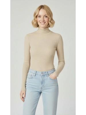 Giyim Center Kadın Tam Boğazlı Fitilli Likrali Kaşkorse Badi Ince Uzun Kollu Kazak - Bej