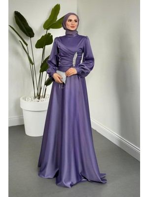 Merven Akyüz Florentine Taşlı Saten Abiye Lila