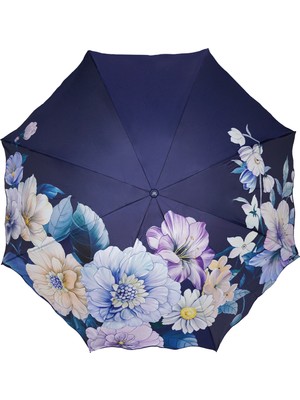 Çiçek Desenli Uv Koruyucu 8 Telli Lacivert Şemsiye