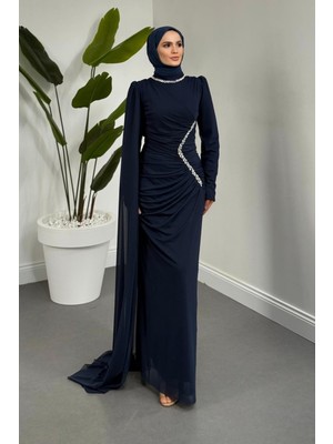 Merven Akyüz Opheline Taşlı Tül Kumaş Abiye Lacivert