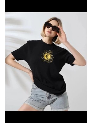 Giyim Center Unisex Kadın Bisiklet Yaka Baskılı T-Shirt - Siyah