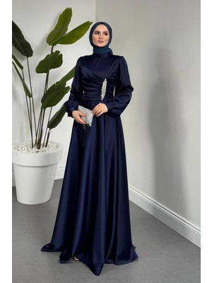 Merven Akyüz Florentine Taşlı Saten Abiye Lacivert