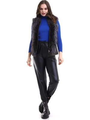 Giyim Center Kadın Fermuarlı Koyun Derisi Tilki Kürkü - Siyah