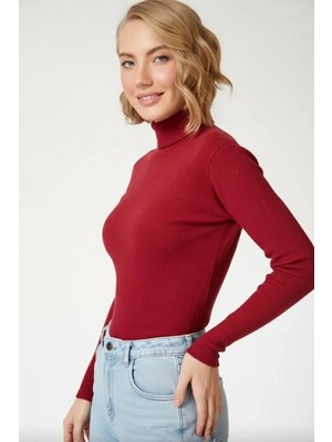 Giyim Center Kadın Tam Boğazlı Fitilli Likrali Kaşkorse Badi Ince Uzun Kollu Kazak - Bordo