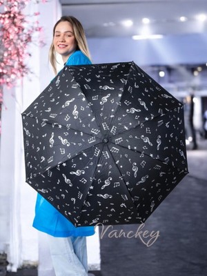 Normadia Siyah Müzik Notalı Kadın Şemsiye, 8 Telli, Manuel, Rüzgara Dayanıklı