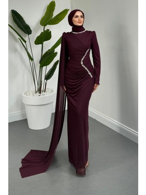 Merven Akyüz Opheline Taşlı Tül Kumaş Abiye Mürdüm