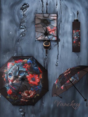 Renkli Kedi Desenli 8 Telli Şemsiye, Rüzgar Dayanıklı, Şık ve Hafif