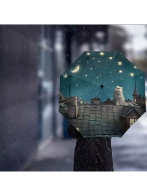 Sevimli Kedi Baskılı Renkli Gece Yarasa Şemsiye, Şık ve Kullanışlı