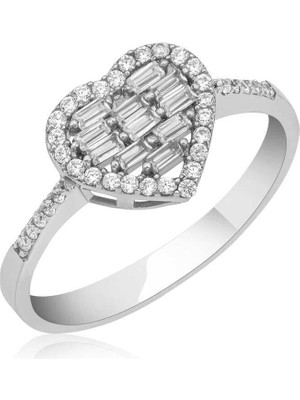Inure Jewelry Gümüş Baget Taşlı Kalpli Kadın Yüzük