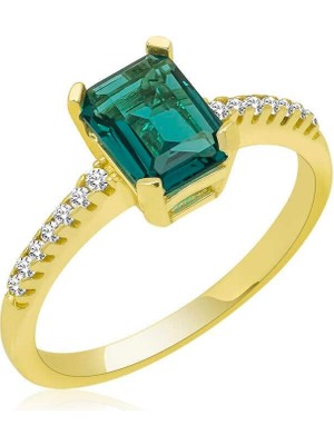 Inure Jewelry Gümüş Gold Yeşil Baget Taşlı Kadın Yüzük