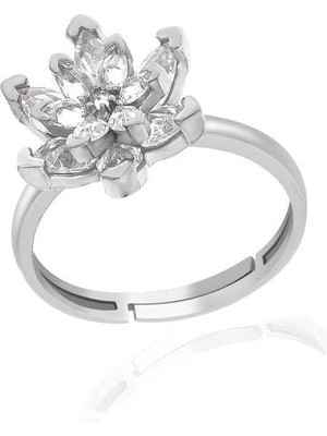 Inure Jewelry Gümüş Beyaz Taşlı Lotus Çiçeği Kadın Yüzük