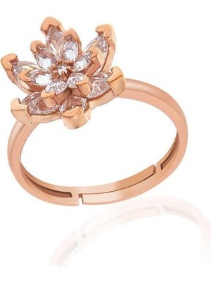 Inure Jewelry Gümüş Rose Beyaz Taşlı Lotus Çiçeği Kadın Yüzük
