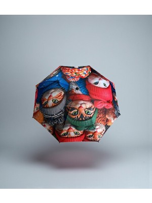 Renkli Kedi Desenli 8 Telli Manuel Rüzgara Dayanıklı Şemsiye