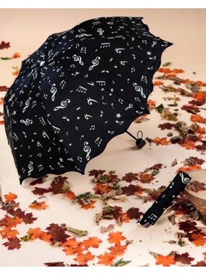 Normadia Rüzgar Dayanıklı Unisex Siyah Müzik Notası Desenli Şemsiye