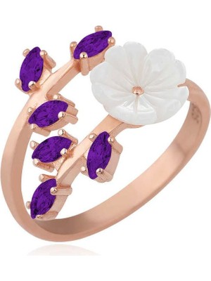 Inure Jewelry Gümüş Rose Mor Yapraklı Bahar Çiçeği Yüzük