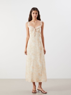 Lc Waikiki Yeni Sezon Çiçekli Askılı Fırfırlı Belden Oturtmalı Elbise