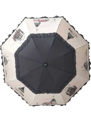 Rubenis Istanbul Desenli Kadın Şemsiye, Siyah-Bej, Dayanıklı ve Şık Tasarım
