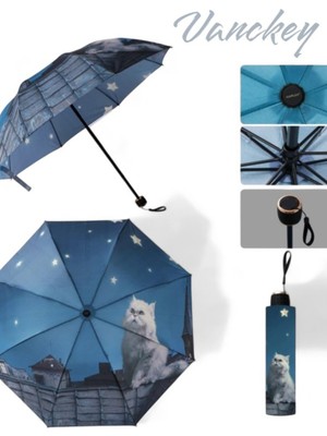 Kedi Desenli Çatı Da Rüzgar Dayanıklı 8 Telli Gece Ay Yıldız Şemsiye