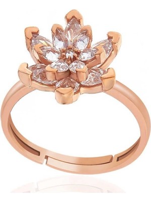 Inure Jewelry Gümüş Rose Beyaz Taşlı Lotus Çiçeği Kadın Yüzük