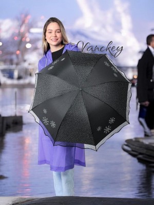 Normadia Siyah Kar Tanesi Taş Işlemeli 8 Telli Kadın Rüzgar Dayanıklı Şemsiye