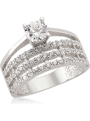 Inure Jewelry Gümüş Üç Sıra Tek Taş Bayan Yüzük