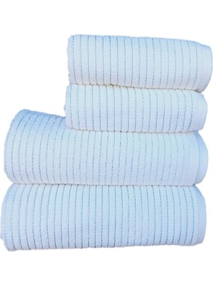 Erteks Havlu Seti 2 Ad Banyo 2 Ad El Havlusu Kendinden Mavi Çizgili Beyaz Modern Yumuşacık