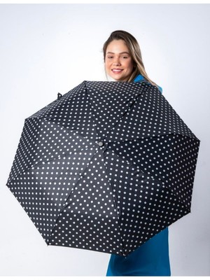 Normadia Şık Tam Otomatik Siyah Beyaz Noktalı Kadın Şemsiye