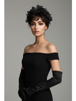 Siyah Tül Fiyonk Taç ve Uzun Eldiven Seti - Audrey Hepburn Stili Retro Parti Aksesuarlar