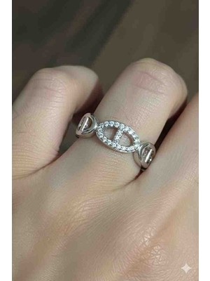 Stainles Steel Kadın Çelik Ikonik Zincir Tasarım Taşlı Yüzük - Antialerjik