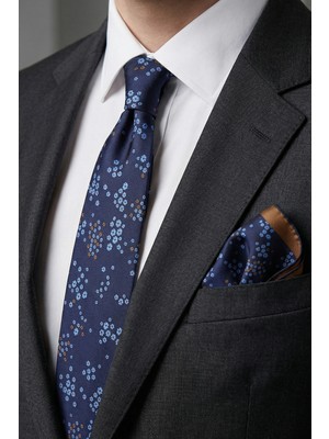 Milleniva Çiçekli Lacivert Kravat & Mendil