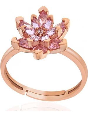 Inure Jewelry Gümüş Rose Pembe Taşlı Lotus Çiçeği Kadın Yüzük
