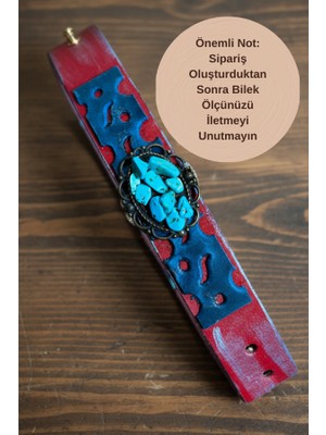 Otantik Turkuaz Taşlı El Yapımı Hakiki Deri Unisex Bileklik - Eskitme Kırmızı ve Lacivert Tasarım