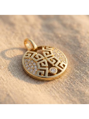 Zeino Desenli Yuvarlak Kolye Ucu, Zirkon- 14K Altın Rengi Kaplama, 1,6 cm